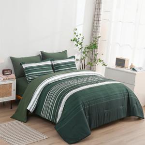 KAKIJUMN 5 Piece Bed in a Bag Stripe Comforter Set Twin Size, White Grey Green Patchwork Striped Comforter and Sheet Set, All Season Soft Microfiber Complete Bedding Sets(Dark Green,Twin)