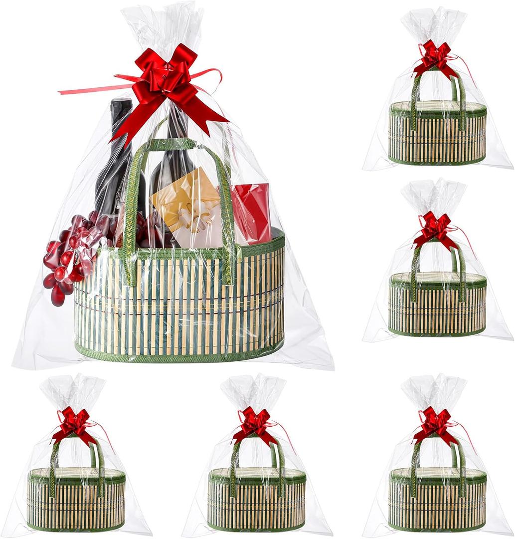 Tioncy 6 Set Baskets for Gifts Empty Bulk Large Woven Bamboo Gift Basket Kit with Handles, Clear Cellophane Wrap Baskets for Valentine's Day, Baby Shower, Birthday Party Gift Bags(Green)