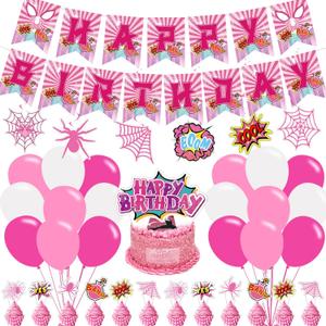 Pink Spider Birthday Party Decorations,Girl Spider Decor Supplies Include Happy Birthday Banner, Latex Balloon, Hanging Swirl Spiral,Cake Toppers