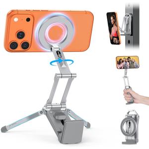 OMOTON 360Rotating for MagSafe Tripod Mount, Adjustable Aluminum Magnetic Phone Tripod for iPhone 17/16/15/14 Pro Max Air, Foldable Cell Phone Stand Fits Vlog, Gym, Travel Essentials, Silver
