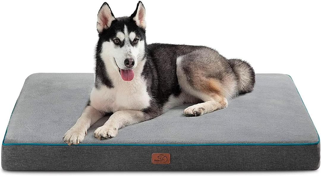 Bedsure Memory Foam Dog Bed for Large Dogs - Orthopedic Waterproof Pet Mat for Crate with Removable Washable Cover and Nonskid Bottom - Water-Resistant Plush Flannel Fleece Top Pet Bed, Grey (35.0"L x 22.0"W x 3.0"Th)