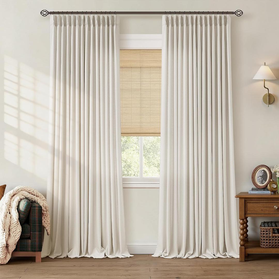 Pinch Pleated 90 Inch Linen Curtains for Living Room Bedroom 2 Panels Cream Natural Memory Trained Pinch Pleat Back Tab Light Filtering Semi Sheer Window Drapes Birch Curtains 40 x 90 Inches Long