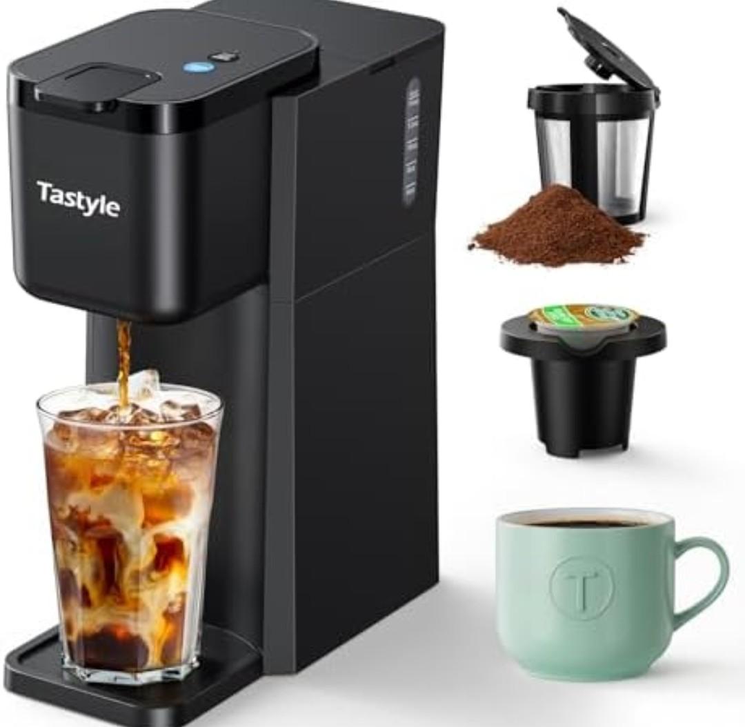 Tastyle Mini Hot and Iced Coffee Maker Single Serve, for K Cup and Ground, 6 to 14 Oz Brew Sizes, with Recipe Book, for Home, Travel, RV, Office and Dorm,Classic Black (2.0 Version)