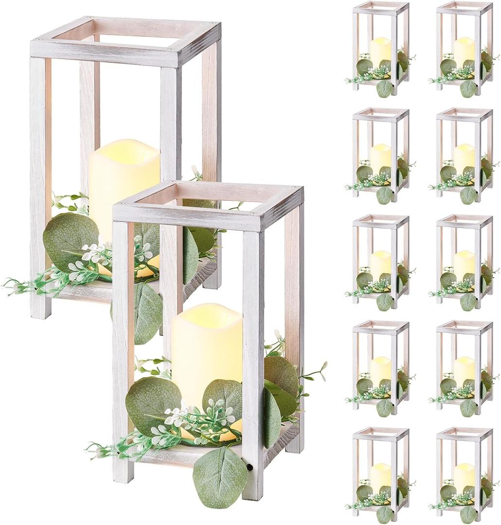 VEVOR 12 Set/36 Pcs Wooden Wedding Lantern Centerpiece, Includes 12 Wooden Lantern Candle Holder 12 Flameless LED Candle 12 Eucalyptus Leaves Wreath for Wedding Table Party Farmhouse Decor, White