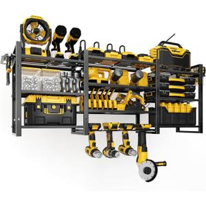 Power Tool Organizer Wall Mount With Charging Station,Upgraded Tool Shelf Load 400 Lbs,10-Tiers With 4 Cordless Drill Rack And 6FT Power Strip,Battery Utility Shelve For Garage Workshop