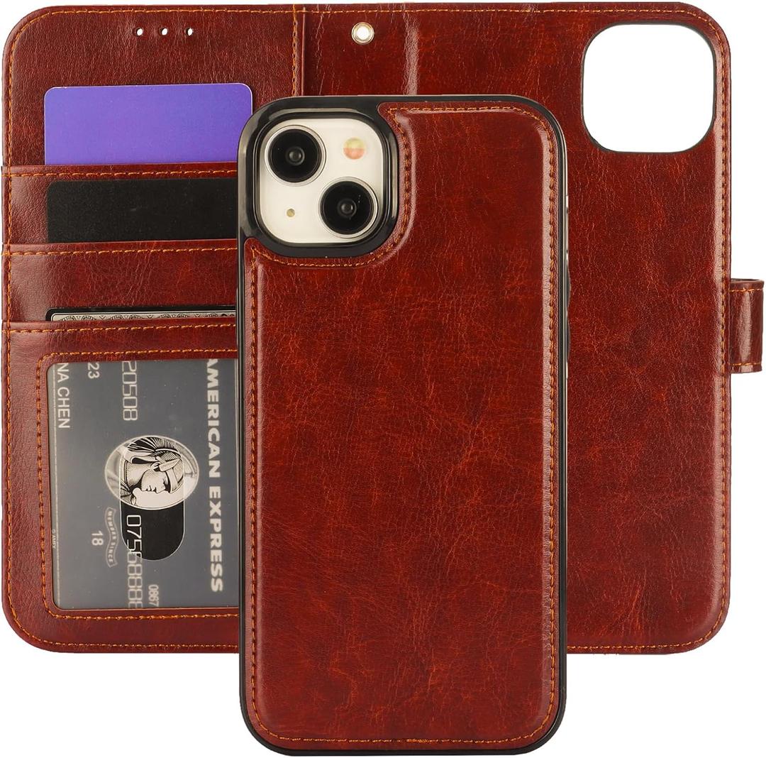 Bocasal Detachable Wallet Case for iPhone 15 Plus RFID Blocking Card Slots Holder Premium PU Leather Magnetic Kickstand Shockproof Wrist Strap Removable Flip Protective Cover 5G 6.7 inch (Brown)