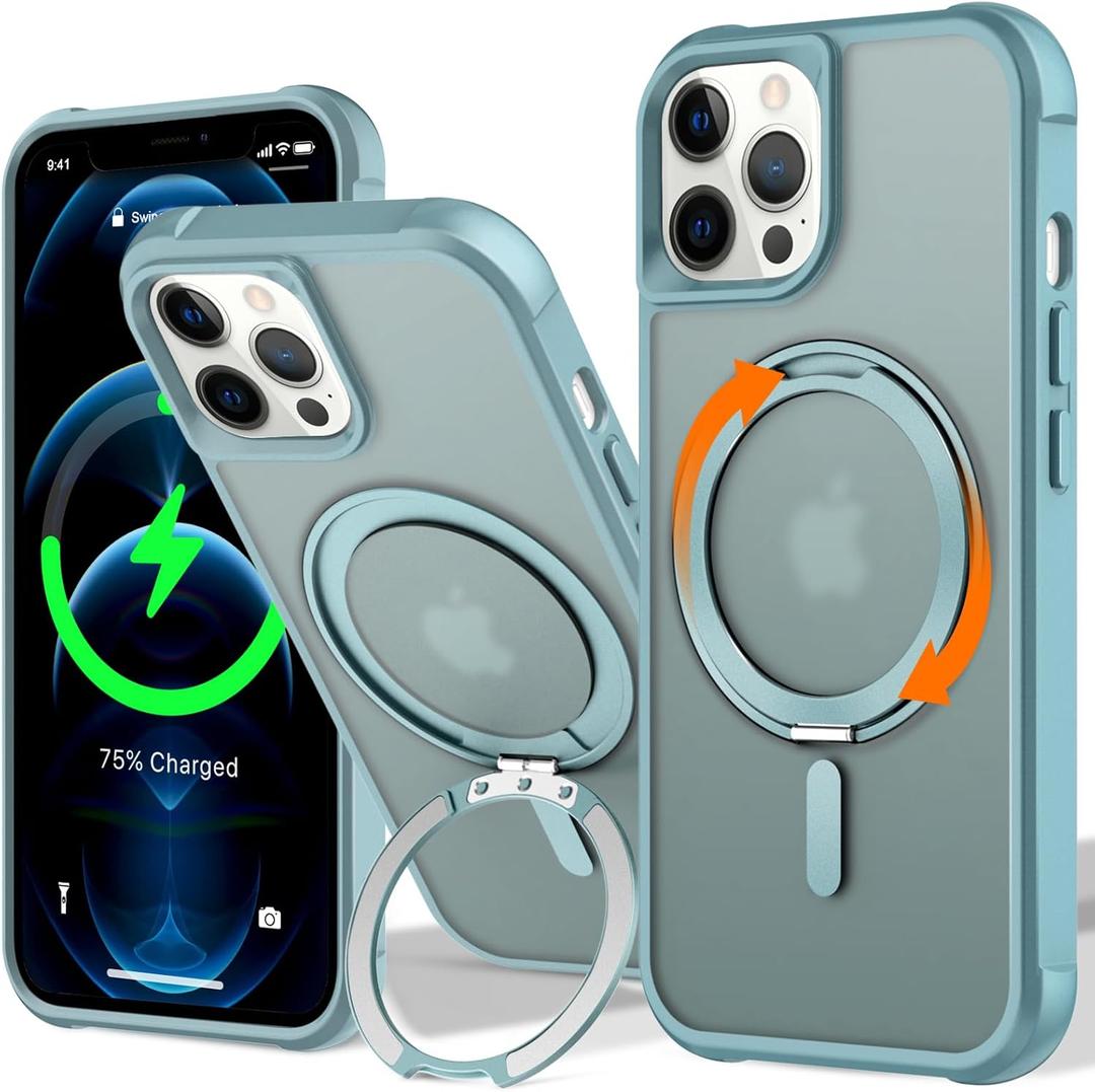 UMIONE 360 Rotatable Magnetic Ring Design for iPhone 12/12 Pro, Built-in Invisible Loop Stand, Compatible with Magsafe, Translucent Ultra Slim Military Grade Shockproof Case - Green