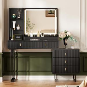 Large Vanity Desk with 3 Color Touch Screen Dimming Mirror, Vanity Desk with Charging Station, Modern Retractable Makeup Dressing Table, Makeup Table With storage shelves and 5 Sliding Drawers, Black