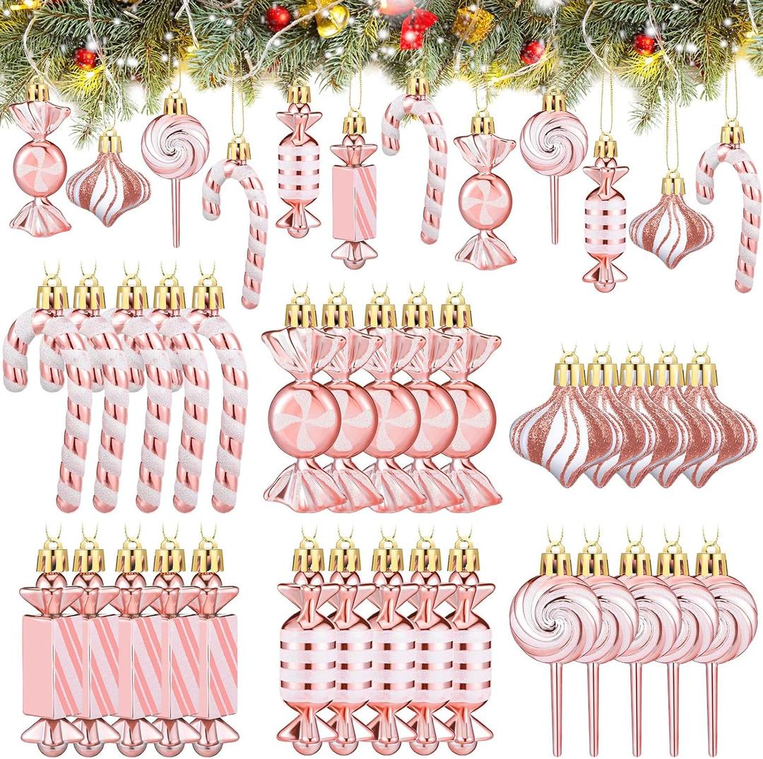 Realspring 30 Pcs Christmas Candy Ornaments Peppermint Candy Cane Christmas Decorations Plastic Lollipop Hanging Ornaments with Rope for Xmas Tree Party Holiday Supplies(Pink White)