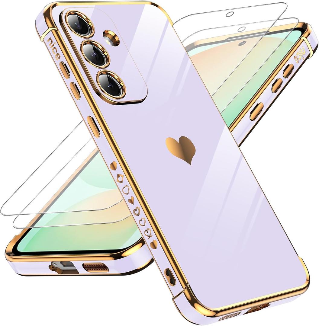 LeYi for Samsung S25-FE Case: [   ] Tempered Glass Screen Protector [2 Pcs]+ Full Camera Lens Protection,Love Heart Plating Girly Cute Luxury Shockproof for Galaxy S25 FE, Purple