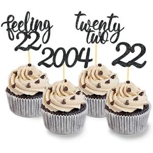 24pcs Feeling 22 Cupcake Toppers, Twenty Two Birthday Cake Decorations, Cheer to 22 Years Old Theme Party Decoration Supplies (Black)