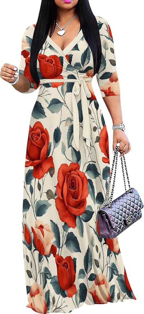 PinkPatty Women's Plus Size Maxi Dress 3/4 Sleeves Casual Flowy Long Dress for Vacation with Pockets (Large)