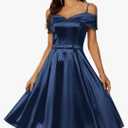 A Line Satin Wedding Party Dress for Women, Off Shoulder Tea-Length Formal Evening Gown with Pocket, M