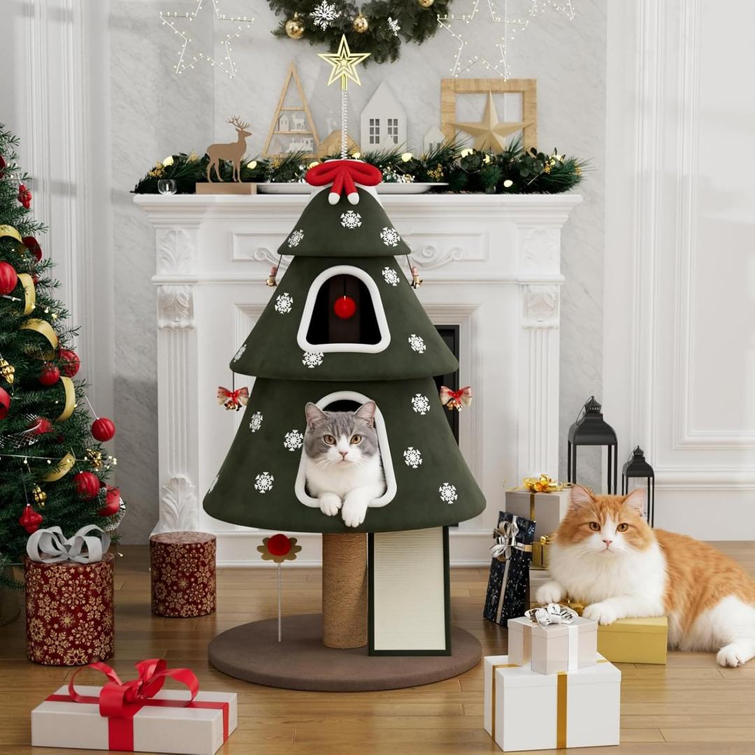 53" Large Christmas Cat Tree Tower: Indoor Green Heavy Duty Cat Condo House with Scratching Post & Toys for Xmas Decorations (L - 23.62"  23.62"  53.15")