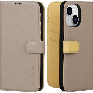 VIOSUL Leather Case for iPhone 15, Genuine Pebbled Leather Wallet Phone Case with Card Holder Kickstand Magnetic Flip Folio Cover Compatible with iPhone 15 (Apricot+Lemon Yellow)