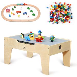 Kid's All-in-One Activity Play Table with 290 Building Bricks and 30-Piece Wooden Train Set Railway,Cars,Track and Accessories for Toddlers Boys and Girls Children's Toy Playset Game Desk