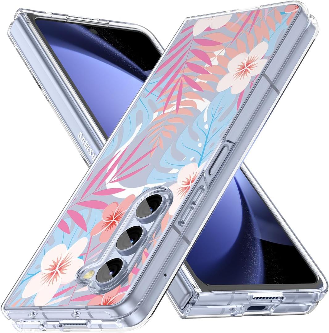 Magnetic Case for Galaxy Z Fold 5, Slim Anti-Yellow Hard PC Protective Soft TPU Bumper Shockproof Cute Case with Flowers, Hawaiian Flower(10-95)