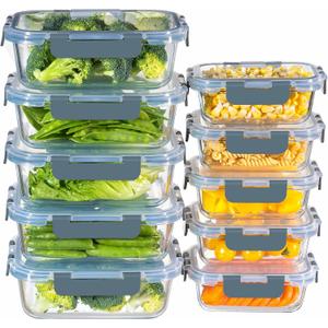 MFY 10-Pack Glass Storage Containers with Lids, Glass Meal Prep Containers Set, Airtight Lunch Containers with Lids, Microwave, Oven, Freezer and Dishwasher Safe, Gray, 15.4 inches x 7 inches x 7 inches