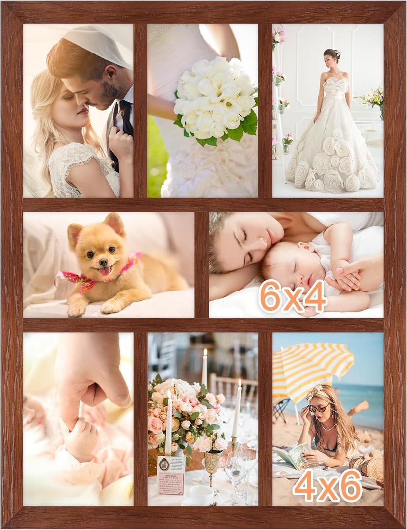 4x6 Oak Wood Picture Frames Collage Wall Decor Brown, Solid Oak Wooden Family Photo Collage Frame 8 Openings, Glass Front, Wall Hanging Display 8 4x6 Pictures (11.5x15.5-8 openings)