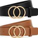 SANSTHS 2 Pack Women Leather Belts Faux Leather Jeans Belt with Double O Ring Buckle (S: Fit Waist Size 32"-37")