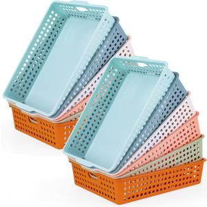 12 Pcs Plastic Classroom Storage Basket Bulk 14 x 10 In Turn in Paper Trays for Classroom A4 Size Colorful Storage Organizer Bin with Handles Stackable Container for Playroom Home Office School Supply