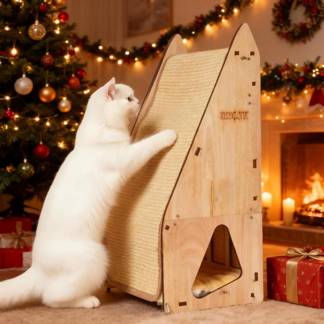 Enhanced Wood-Framed Cat Scratching Post: Large Sisal Cat Scratcher, Integrated Scratch Post Pad Condo Tunnel House. All-in-One Space Saver for Multi-Cat & Budget-Friendly Homes (24 In)