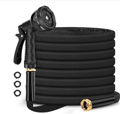 50ft Garden Hose Non-Expandable, Lightweight & Flexible Black Water Hose with 8-Function Spray Nozzle, 3/4” Leak-Proof Brass Fittings – Kink-Free Heavy Duty Hose for Yard, Lawn, Car & RV