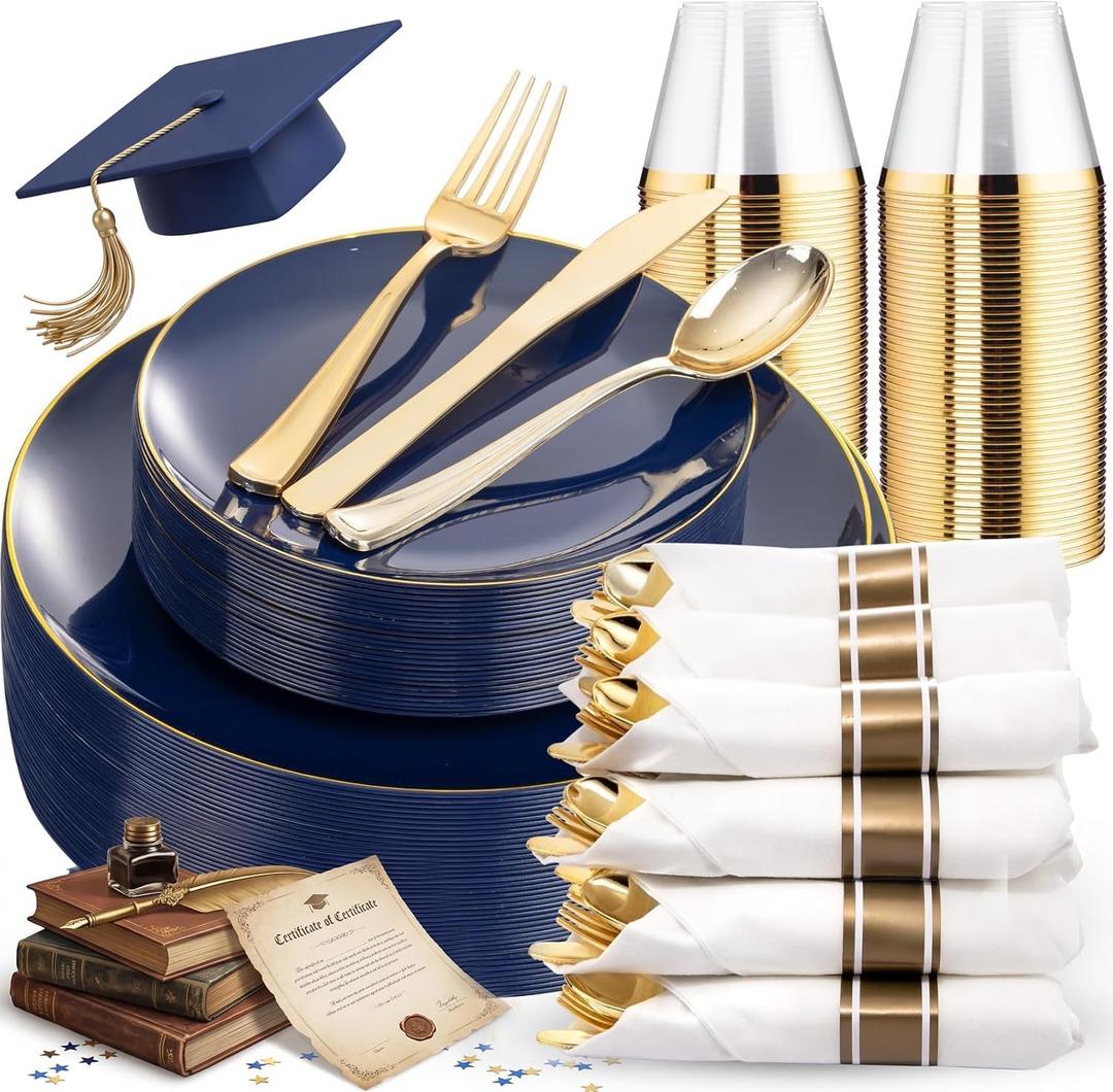 KIRE 175Pcs Blue Plastic Plates - Navy Blue Plates Disposable - 25 for Dinner 25 for Dessert 25 Pre Rolled Napkins with Gold Plastic Silverware and 25 Cups for Birthday/Wedding/Memorial Day/Graduation