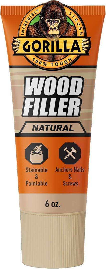 Gorilla All Purpose Wood Filler, Natural Color, 6 Ounce Tube (Pack of 1)  Water Resistant for Indoor or Outdoor Projects and Repairs