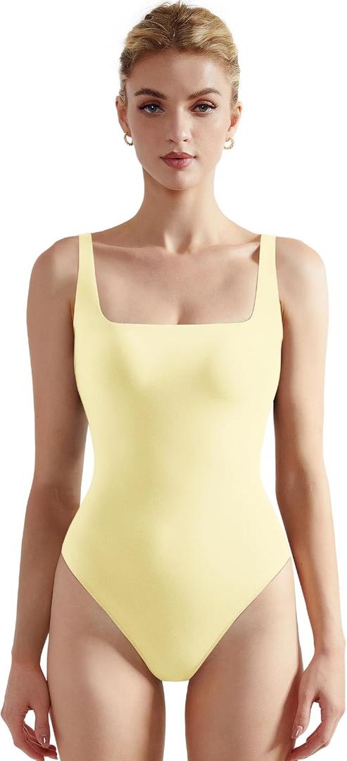 SUUKSESS Women Sexy Square Neck Thong Bodysuit Backless Sleeveless Tank Tops (Small, Pale Yellow)
