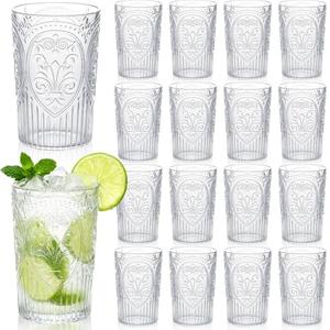 Acellegic Plastic Vintage Drinking Glasses - 16 oz Stemless Ribbed Highball Glasses Bulk Embossed Reusable Cups for Water Beer Cocktails Juice Wedding Bridal Shower Birthday Event Party(Clear,24 Pcs)