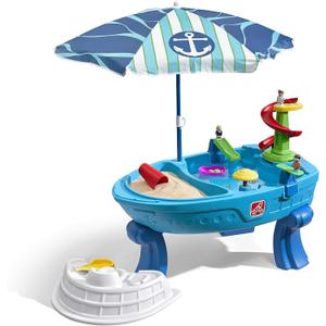Step2 Fiesta Cruise Sand & Water Table with Umbrella, Kids Activity Sensory Playset, Summer Outdoor Toys, 10 Piece Water Toy Accessories, for Toddlers 2+ Years Old (Multicolor)