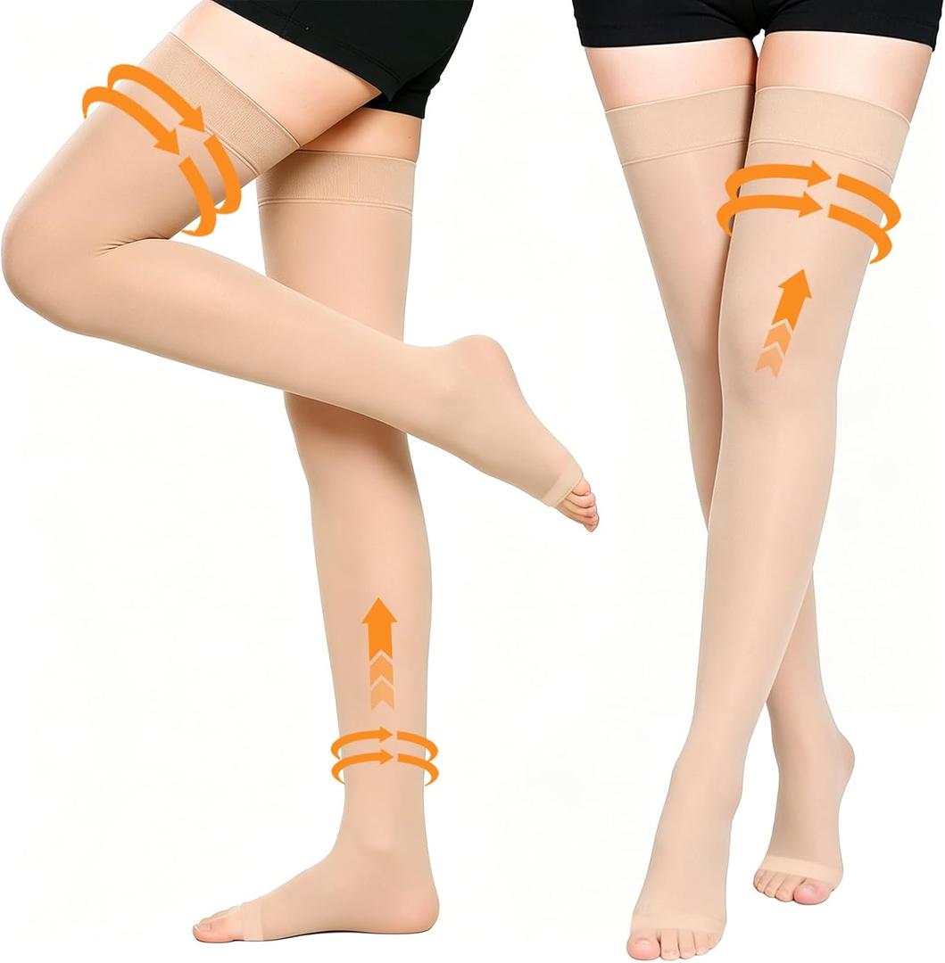 2 Pairs Compression Stockings for Women & Men, 20-30mmHg Thigh High Compression Socks, Open Toe Medical Compression Socks with Silicone Dot Band for Sport Swelling Varicose Veins