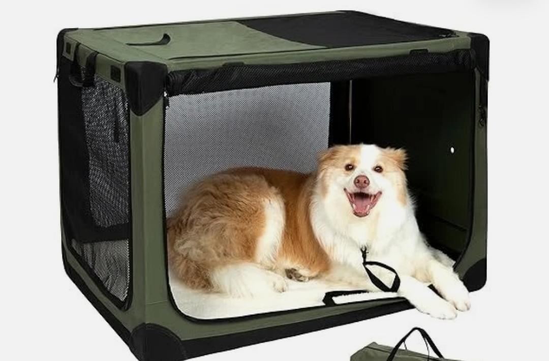Pettycare Portable Travel Dog Crate 4-Door Soft Sided 36 Inch Collapsible Dog Crate with Curtains Durable Mesh Foldable Pet Kennel Soft Crates for Large Dogs Indoor & Outdoor Olive Green, Size: 36.0"L x 25.0"W x 25.0"H