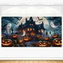 Halloween Backdrop 20x10ft Large Cemetery Graveyard Haunted House Skull Pumpkin Lantern Photo Background Scary Moon Night Bat Ghost Banner Decorations Photoshoot Fabric Photo Props