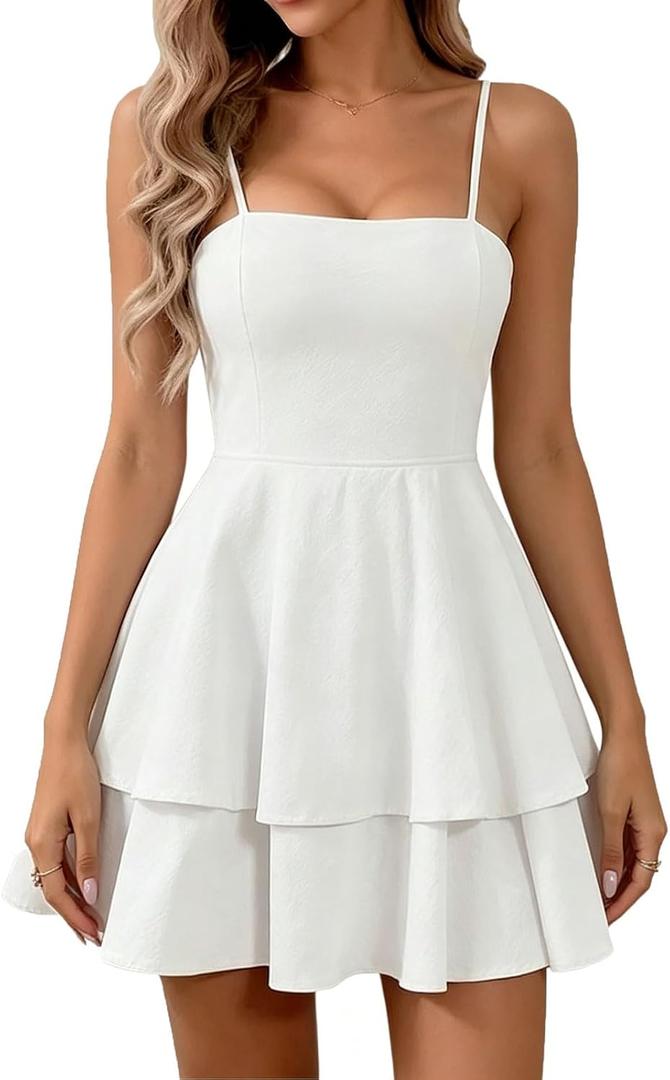 Womens Sleeveless Spaghetti Strap Layered Ruffle Mini Dress Square Neck Flowy A-Line Cocktail Party Dress (White, S)