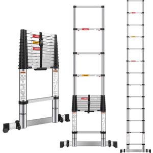 DEZEX 12.5 FT Stainless Steel Telescoping Ladders - One-Button Retraction Collapsible Extension Ladder for Home, RV, Attic, Multi Position Folding Ladder with Balance Bar & Wheels, Lasts 330 LBS