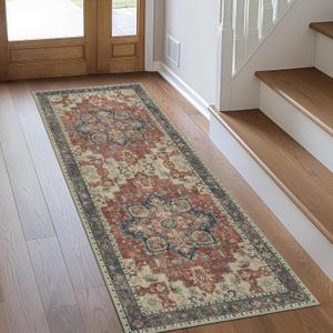 GENIMO 2x5 Runner Rugs for Hallway, Machine Washable Non Slip Vintage Rugs, Low Pile Lightweight Soft Print Rug for entryway, Corridor, Home Office, Kitchen, Bordeaux