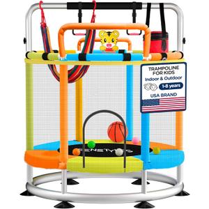 Trampoline for Kids with Safety Enclosure Indoor and Outdoor mini Trampoline for Kids Anti Rollover Round Base Double Safety Handles 220 lbs Capacity ASTM Tested Easy Assembly Gift