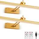 Mocalido 2 Pack Picture Light Battery Operated for Wall, 16in Wireless LED Art Light for Painting with Remote, 5200mAh Dimmable Frame Lights for Gallery Library, Brass