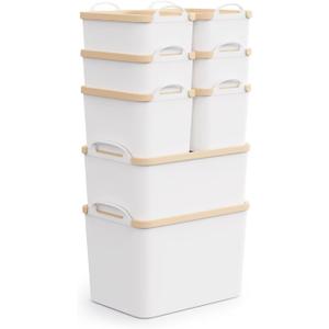 FITYE-KY 8 Packs Plastic Storage Bins with Lids Storage Organizing Containers Decorative Storage Boxes with Lids for Shelves Closet Desktop Playroom Classroom Office Drawers, White