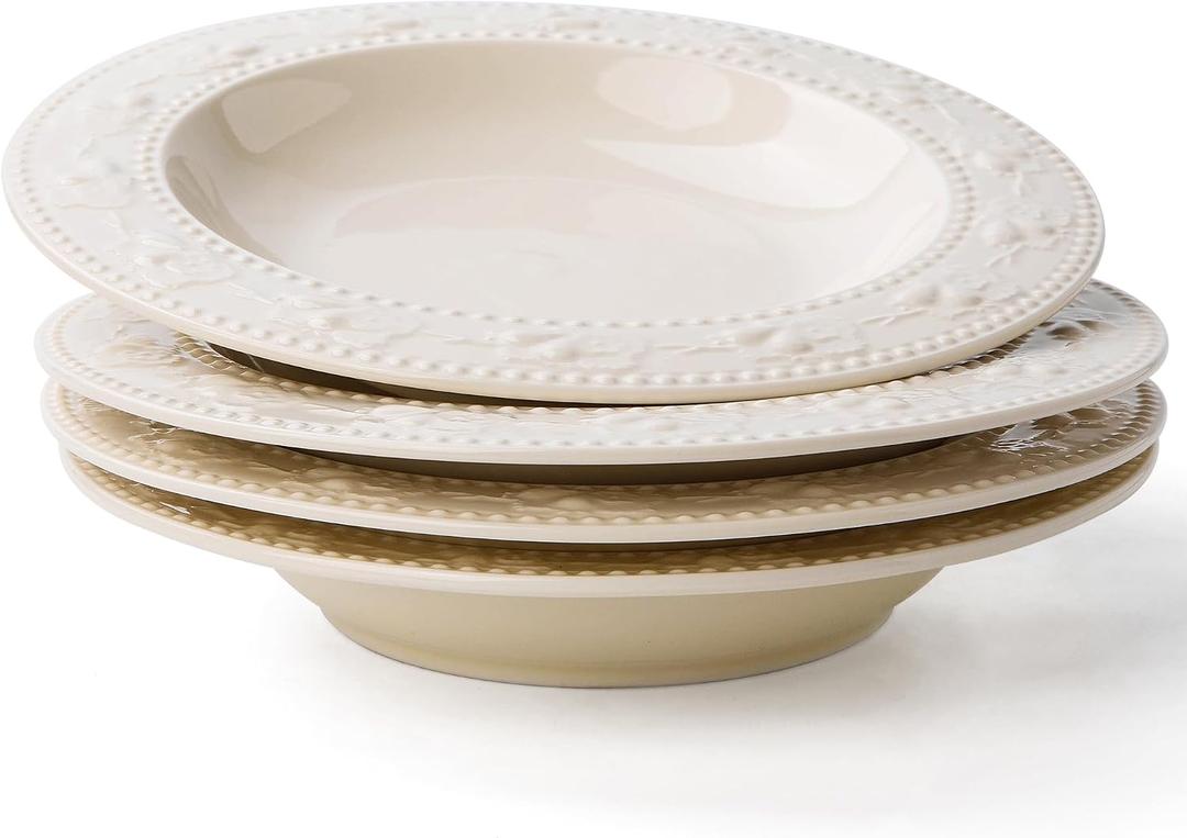 Soup Bowls, 10oz Ceramic Wide Rimmed Soup Plate, Pasta Bowls Set of 4, Salad Bowl with Embossed Strawberry Pattern, Serving Bowls Kitchen Dinner, Microwave and Dishwasher Safe, Christmas Gift