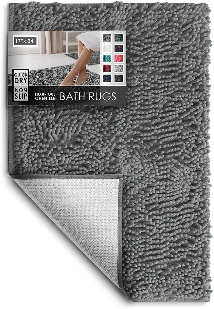 Hearth & Harbor Bathroom Rugs, Chenille Bath Mat - Machine Washable Bath Mats for Bathroom Non-Slip Backing Rubber, Quick Dry Bathroom Mat - Grey Bath Rug, 17x24