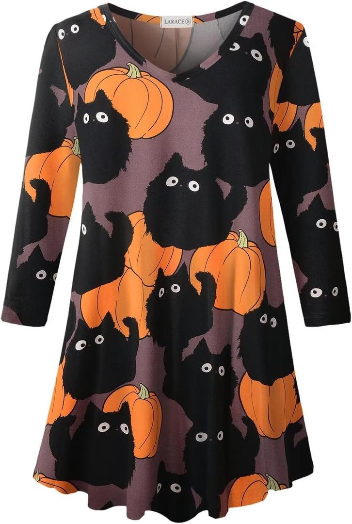 LARACE Tunics 3/4 Sleeve Plus Size Tops for Women V Neck Loose Fit Flowy Clothing for Leggings (Size: 4X Halloween_91purplepumpkincat)