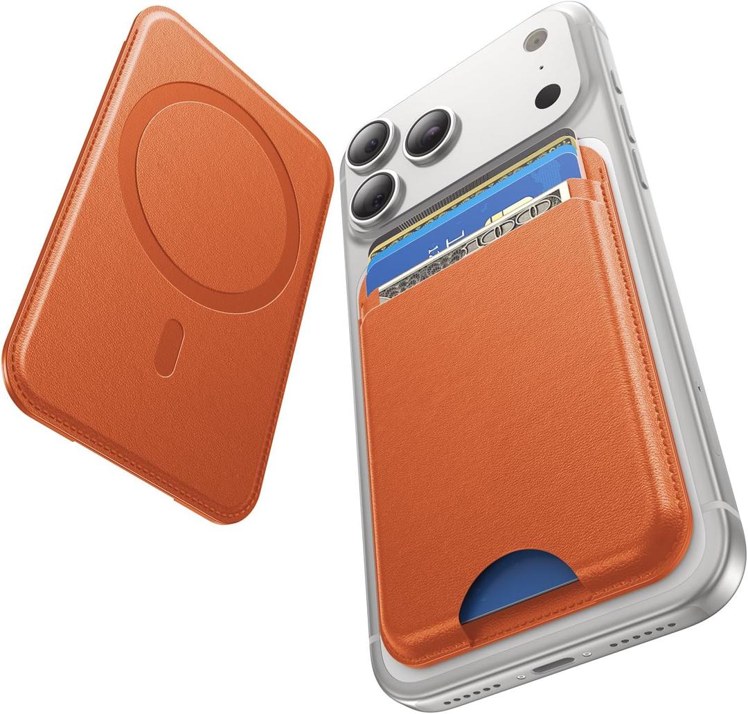 for MagSafe Wallet, 5 Card Holder, Slim Leather Magnetic Wallet for iPhone 17/16/15/14/13/12 Pro Max Plus Air Series, 1 Card Slots & 1 Cash Slot,Orange