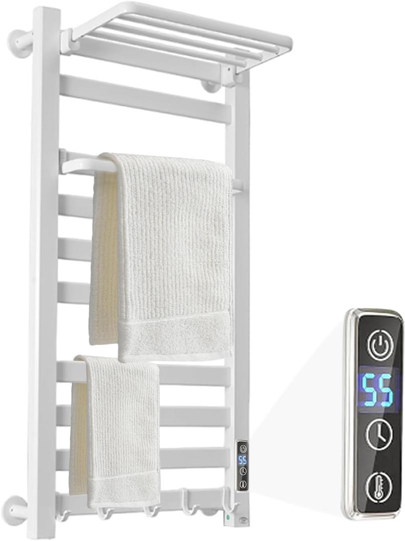 Heated Towel Rack for Bathroom Towel Warmer Racks Wall Mounted with Shelf,Timer & Temperature Multi-Level Adjustments with 10 Bars for Bathroom Shower Hot Tub(White), 10 bars with shelf