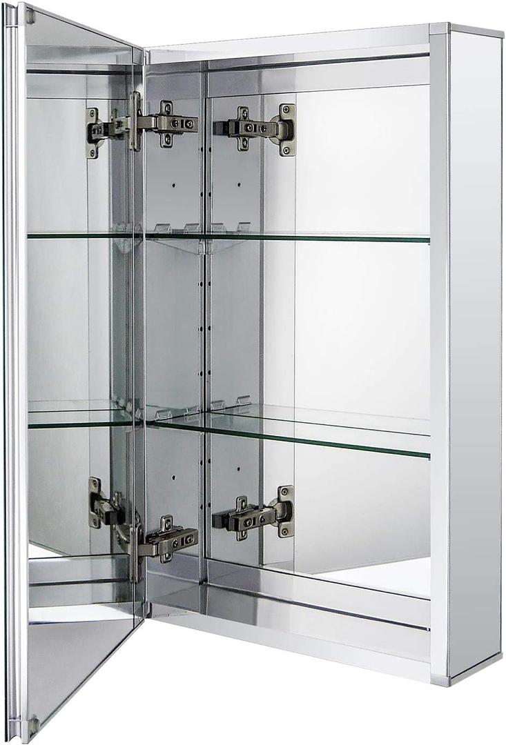 Fundin Aluminum Bathroom Medicine Cabinet with Framless Double Sided Mirror Door15 Inch x 24 Inch Recess or Surface Mount, Silver