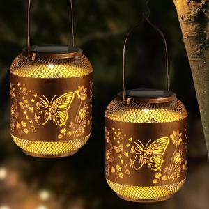 2 Pack Solar Lanterns Outdoor Waterproof Birthdays Gifts for Women Mom Grandma Metal Hanging Hollow Out Garden Decorative Solar LED Light for Yard, Patio, Lawn, Porch, Backyard (Butterfly)