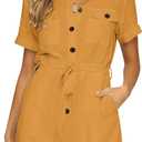GRAPENT Women's Summer Short Sleeve Button Down Pockets Belted Jumpsuits Rompers (Small, Sunflower)