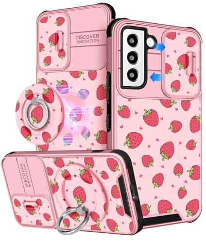 Buleens for Samsung Galaxy S21 Case - with Ring Stand & Camera Cover Aesthetic Cute Designed for Women Girls Girly Pretty Kawaii Strawberry for Galaxy S22 Phone Case Compatible with Magsafe 6.1"